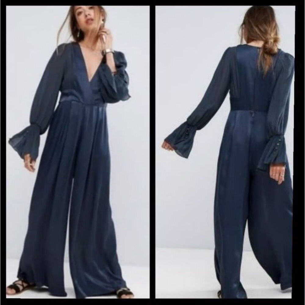 Free People NWT Not Your Baby Sz 0 Satin Jumpsuit Carbon Black Navy Retail $168